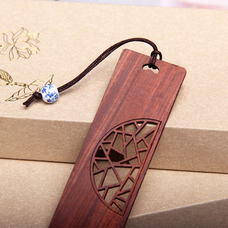 Tree of Life Wood Bookmarks - rosewood bookmark with lattice cutout and blue porcelain bead on kraft boxes