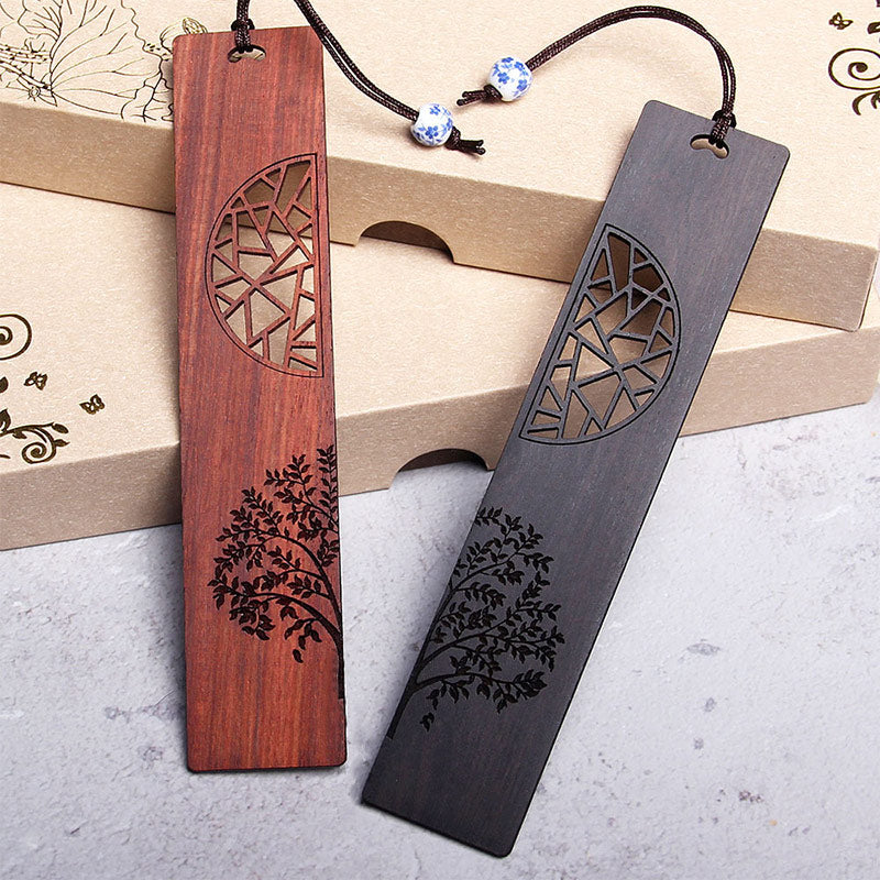Tree of Life Wood Bookmarks - pair of rosewood and ebony bookmarks with lattice cutout on kraft gift boxes