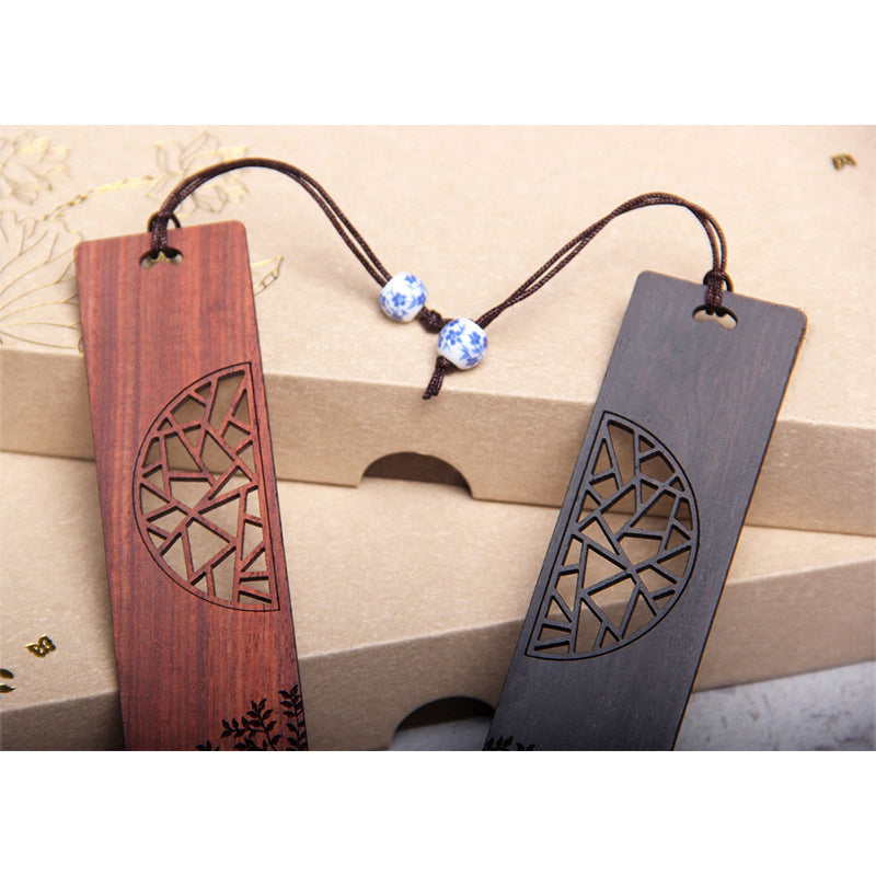 Tree of Life Wood Bookmarks - two bookmarks with blue porcelain beads on kraft boxes, botanical sprigs