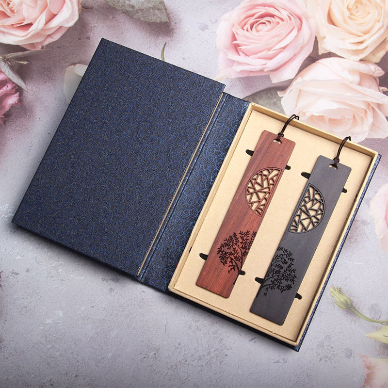 Tree of Life Wood Bookmarks - two bookmarks displayed in open navy gift box surrounded by pink roses