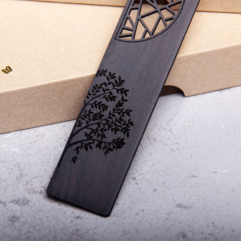 Tree of Life Wood Bookmarks - ebony bookmark with tree engraving on kraft box, gray concrete surface