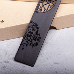 Tree of Life Wood Bookmarks - ebony bookmark with tree engraving on kraft box, gray concrete surface
