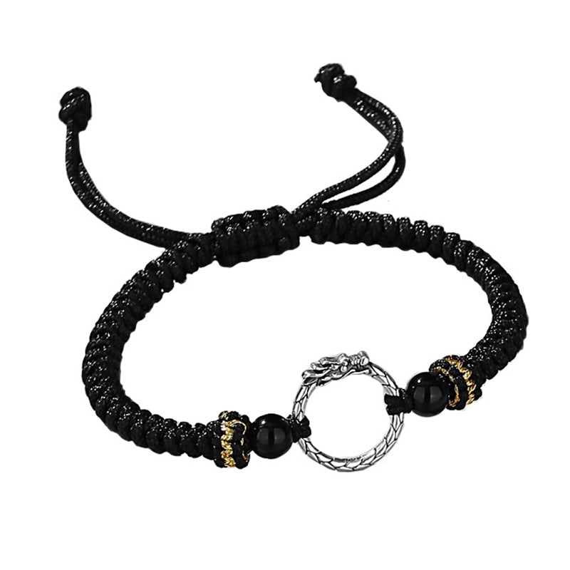 925 Silver Dragon Phoenix Bracelet – Black dragon bracelet on white with silver ring detail and gold accent bands