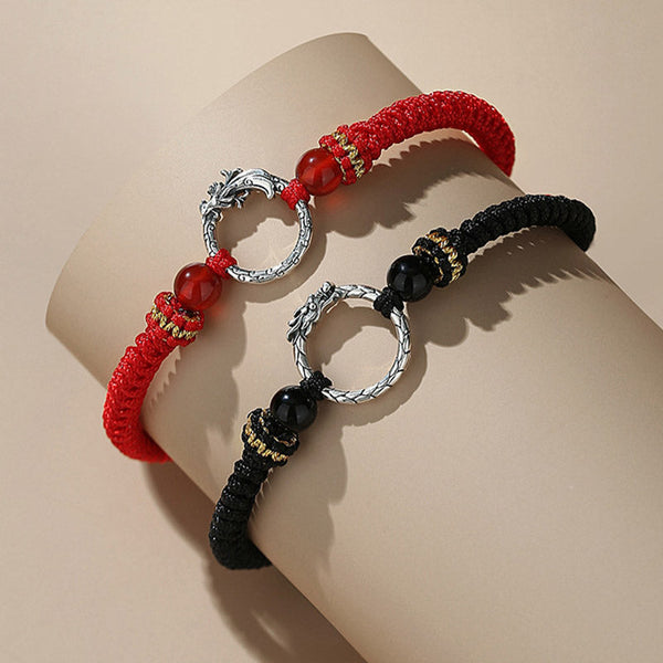 925 Silver Dragon Phoenix Bracelet – Red and black pair on curved stand with dragon-head silver rings, romantic symbolism
