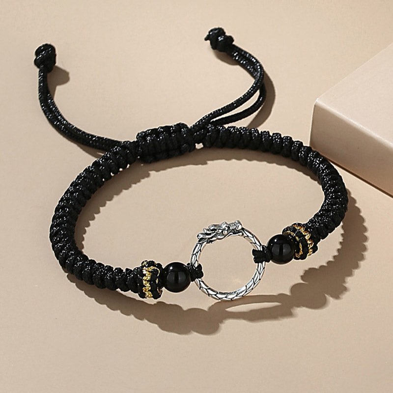 925 Silver Dragon Phoenix Bracelet – Black cord with dragon ouroboros ring and onyx beads, adjustable knot closure