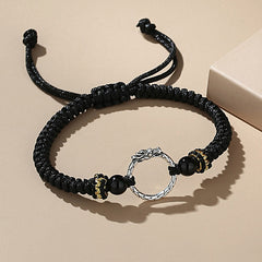 925 Silver Dragon Phoenix Bracelet – Black cord with dragon ouroboros ring and onyx beads, adjustable knot closure