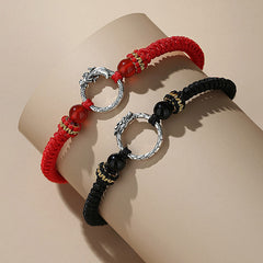 925 Silver Dragon Phoenix Bracelet – Red and black pair on curved stand with dragon-head silver rings, romantic symbolism