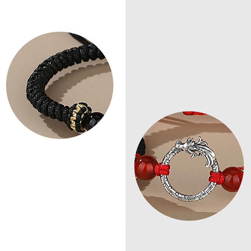 925 Silver Dragon Phoenix Bracelet – Circular detail crops of cord knotting and silver dragon head with carnelian beads