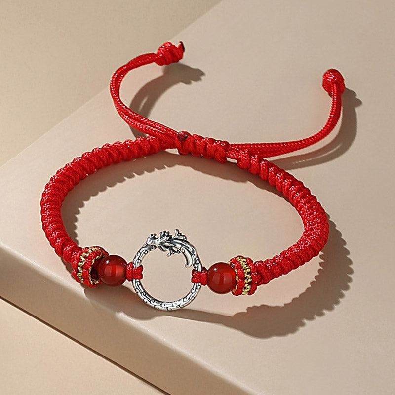 925 Silver Dragon Phoenix Bracelet – Red cord bracelet with silver dragon ring and carnelian beads, protective charm