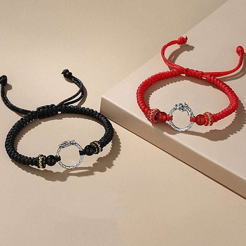 925 Silver Dragon Phoenix Bracelet – Red and black couple bracelets side by side with matching dragon rings and beads