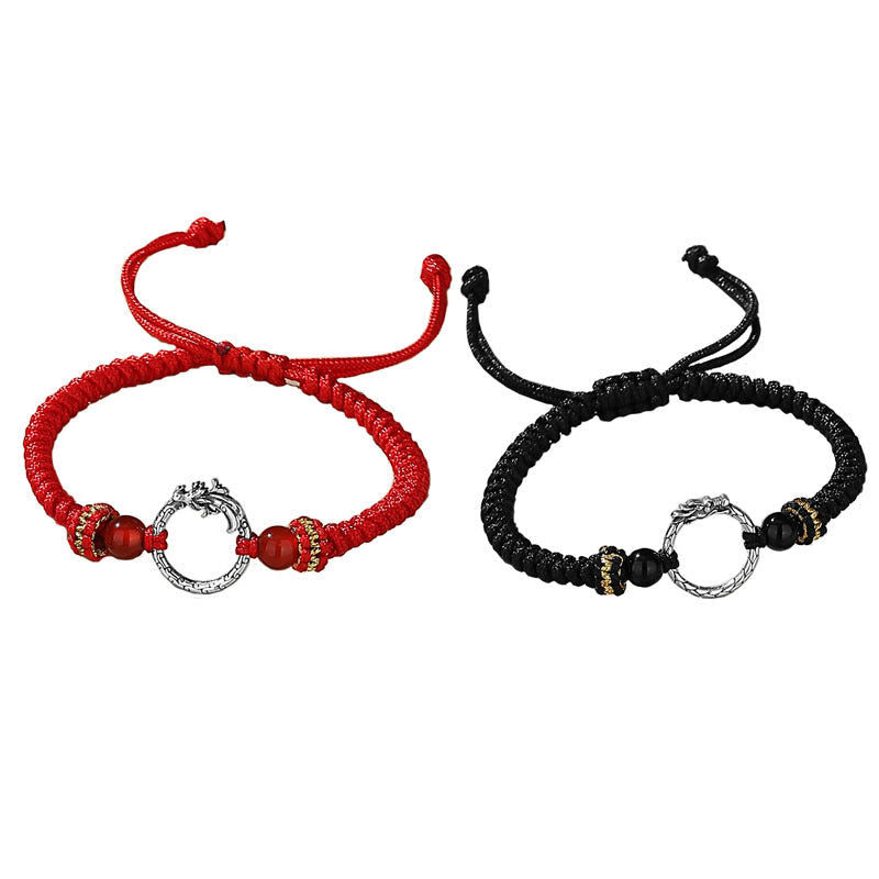 925 Silver Dragon Phoenix Bracelet – Matching red and black pair on white, full view of adjustable dragon charm bracelets