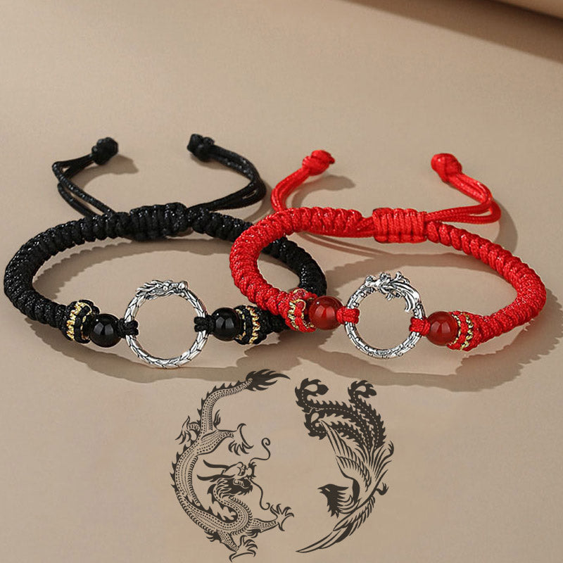 925 Silver Dragon Phoenix Bracelet – Black and red cord pair with dragon rings and stone beads, matching couple set