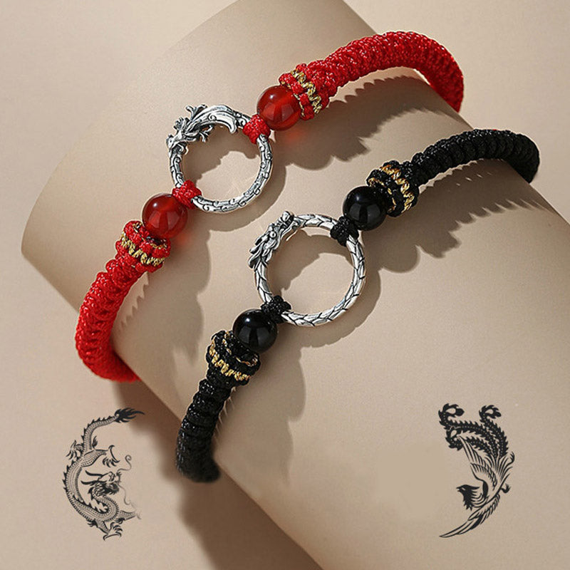 925 Silver Dragon Phoenix Bracelet – Red and black pair on curved stand with dragon-phoenix ink art, cultural elegance