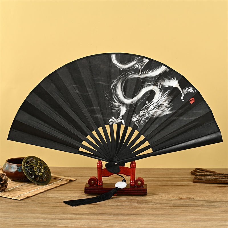 Chinese Folding Fan – Handheld fan with dragon phoenix design on silk, Chinese art fan