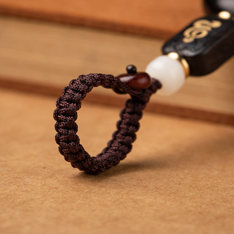 Ebony Wood Bodhi Seed Lotus Key Chain - hand-braided cord with jade and wood bead details