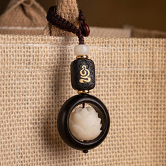 Ebony Wood Bodhi Seed Lotus Key Chain - blessing character inlay on burlap, spiritual charm