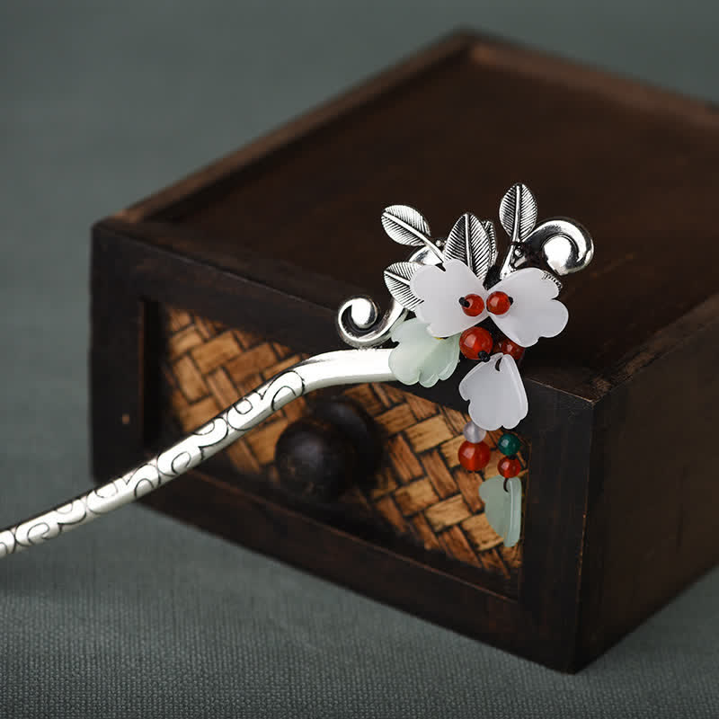 Red Agate Jade Flower Hair Pin, silver hairpin with white jade flowers and red agate beads, dark wood box background
