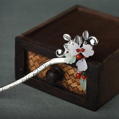Red Agate Jade Flower Hair Pin, silver hairpin with white jade flowers and red agate beads, dark wood box background