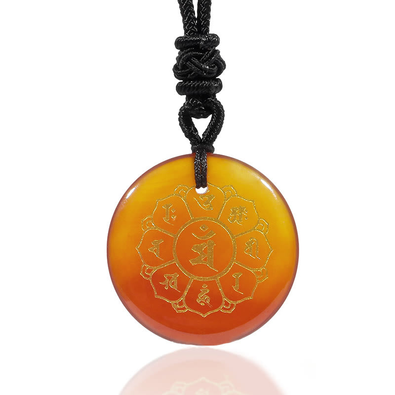 Om Mani Padme Hum Necklace – Carnelian amber with gold Sanskrit mandala on white, Buddhist prayer jewelry
