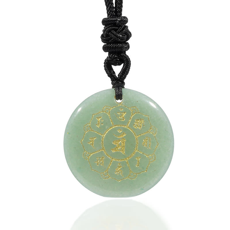 Om Mani Padme Hum Necklace – Green aventurine disc with gold mantra on white, crystal healing jewelry