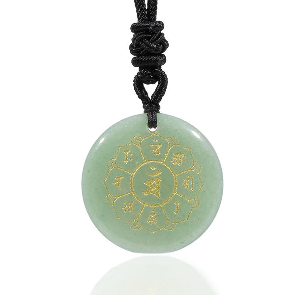 Om Mani Padme Hum Necklace – Green aventurine disc with gold mantra on white, crystal healing jewelry