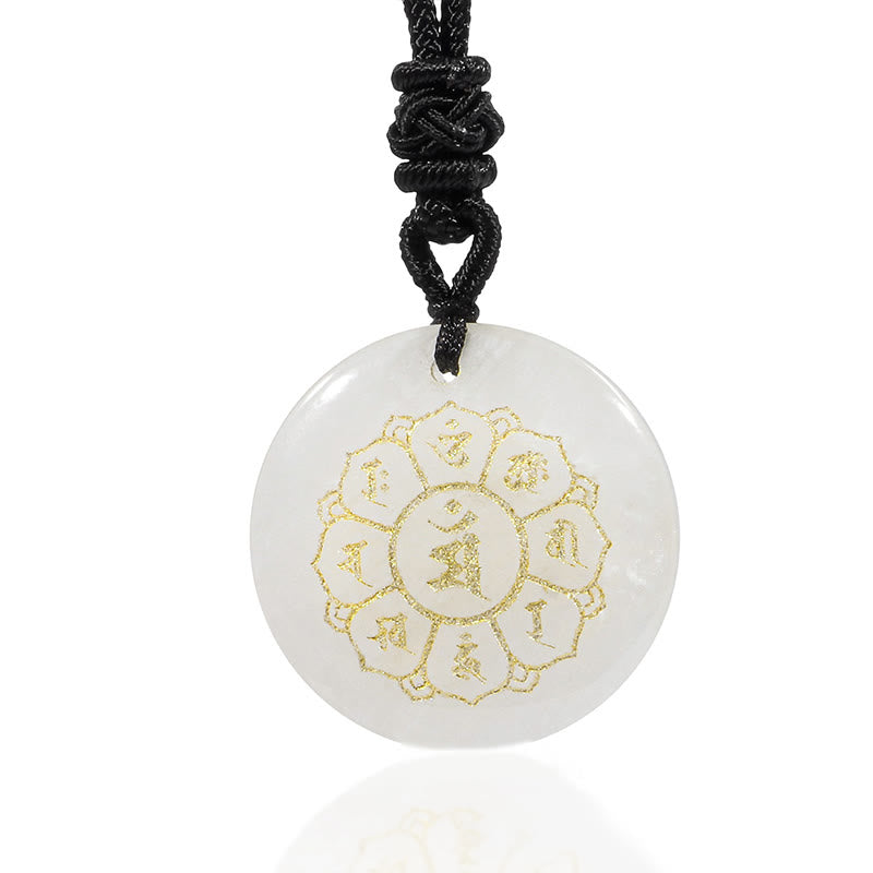 Om Mani Padme Hum Necklace – White jade pendant with gold Sanskrit on white background, Buddhist prayer necklace