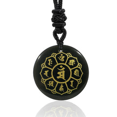 Om Mani Padme Hum Necklace – Black obsidian pendant with Chinese knot cord on white, Buddhist mantra necklace