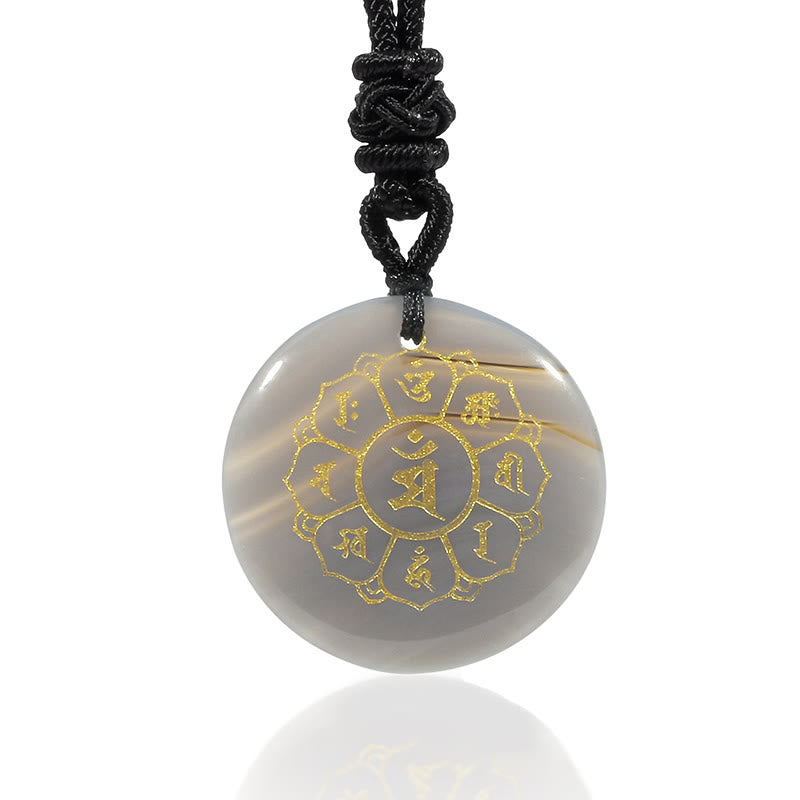 Om Mani Padme Hum Necklace – Banded agate with gold lotus mantra on white, striped stone amulet jewelry