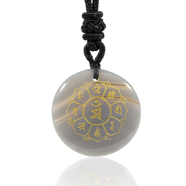 Om Mani Padme Hum Necklace – Banded agate with gold lotus mantra on white, striped stone amulet jewelry