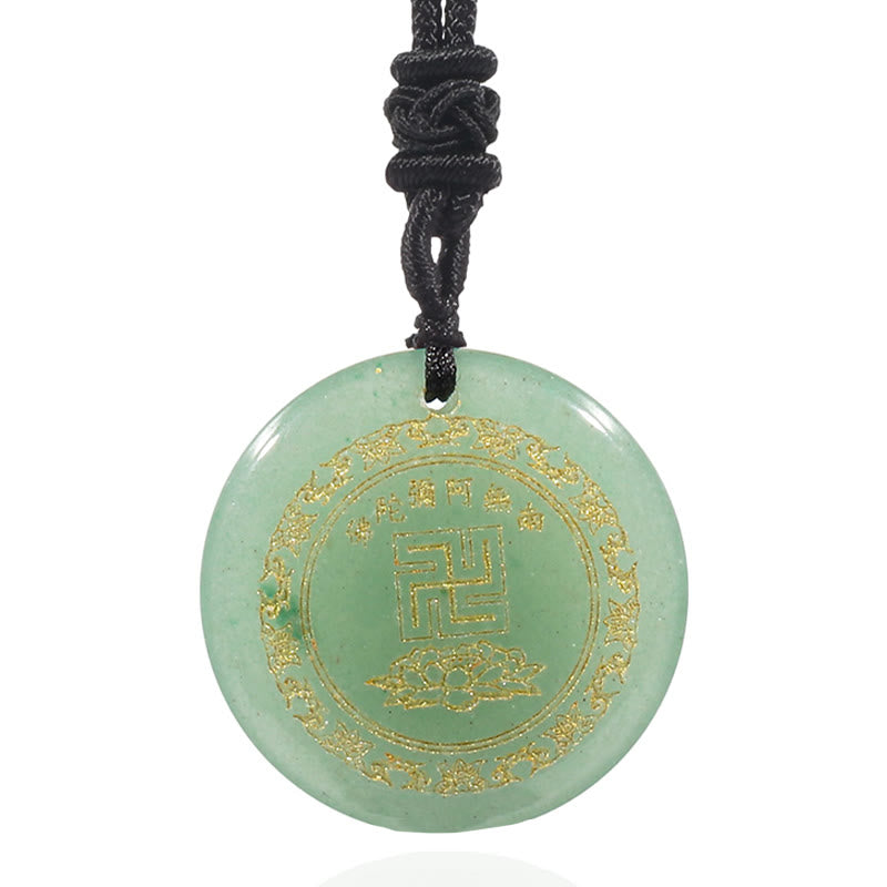 Green Aventurine Purification Pendant - mint green stone gold swastika & lotus on white, clean catalog shot