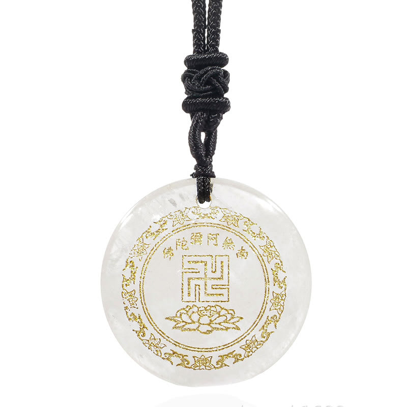 Clear Quartz Purification Pendant - hanging straight-on white background, gold Amitabha mantra & lotus, pristine