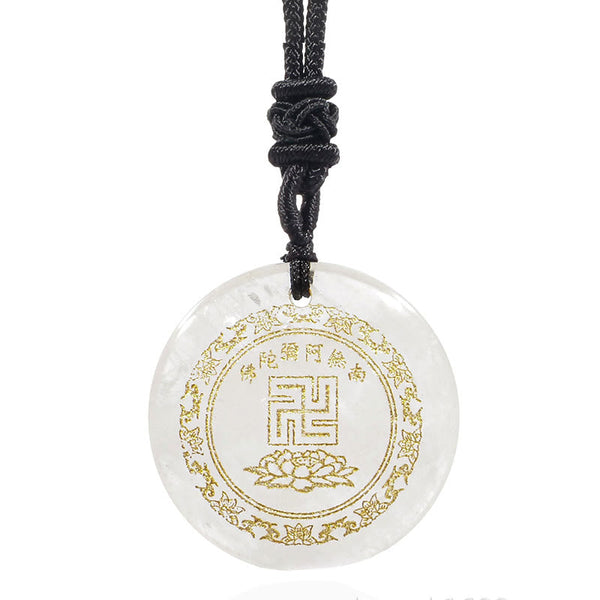Clear Quartz Purification Pendant - hanging straight-on white background, gold Amitabha mantra & lotus, pristine