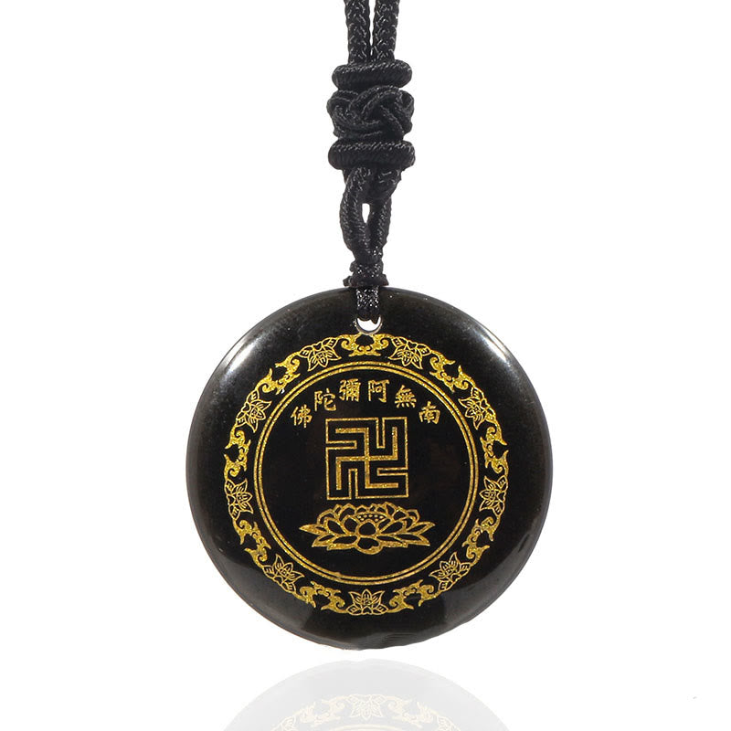 Black Obsidian Multi-Crystal Purification Pendant - front view on white, gold Buddhist symbols on black stone, clean studio shot