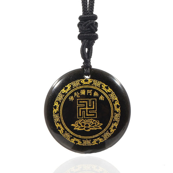 Black Obsidian Multi-Crystal Purification Pendant - front view on white, gold Buddhist symbols on black stone, clean studio shot