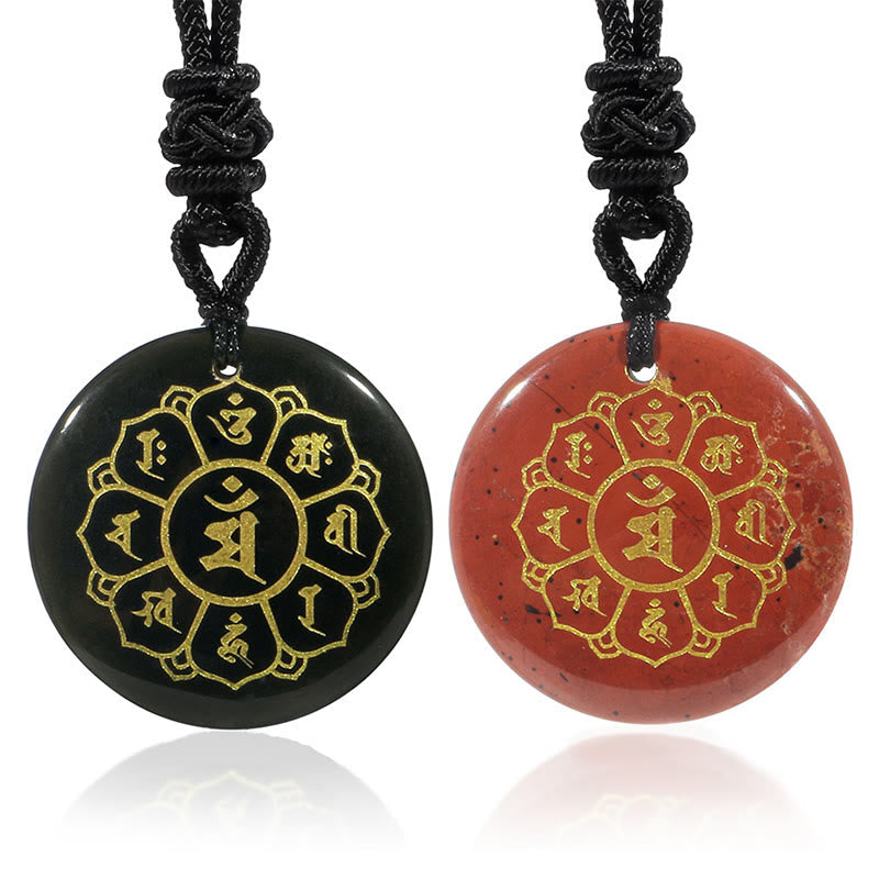 Om Mani Padme Hum Necklace – Black obsidian and red jasper pendants side by side on white, crystal necklace variants