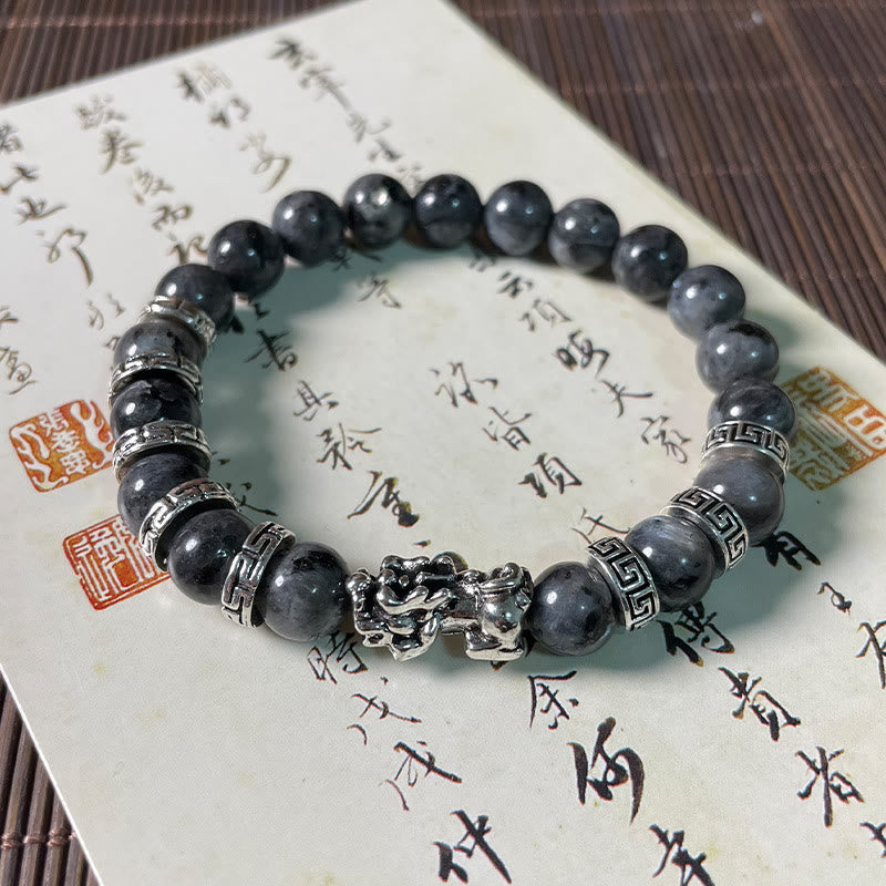 Black Glitter PiXiu Power Bracelet – Black beads with silver pixiu and Greek key on calligraphy paper, feng shui