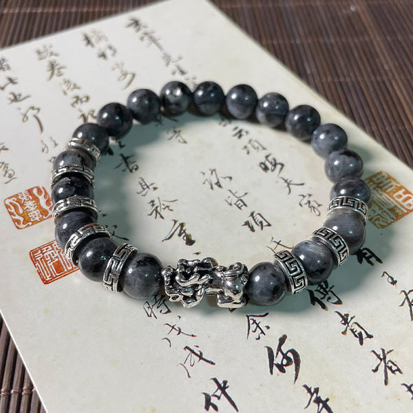 Black Glitter PiXiu Power Bracelet – Black beads with silver pixiu and Greek key on calligraphy paper, feng shui