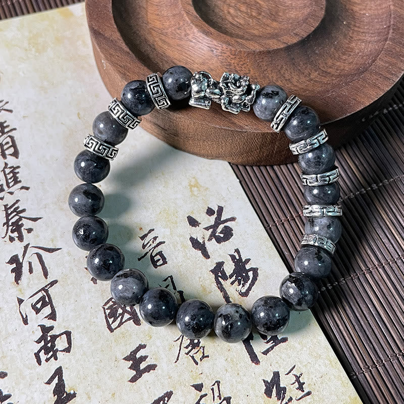 Black Glitter PiXiu Power Bracelet – Obsidian bracelet with silver dragon charm on bamboo and calligraphy