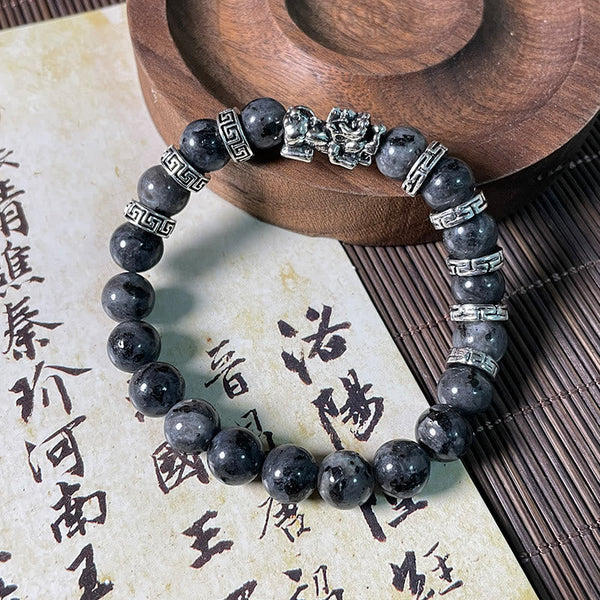 Black Glitter PiXiu Power Bracelet – Obsidian bracelet with silver dragon charm on bamboo and calligraphy