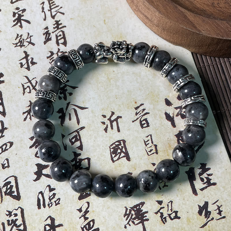 Black Glitter PiXiu Power Bracelet – Black stone and silver pixiu bracelet on calligraphy with seal stamps