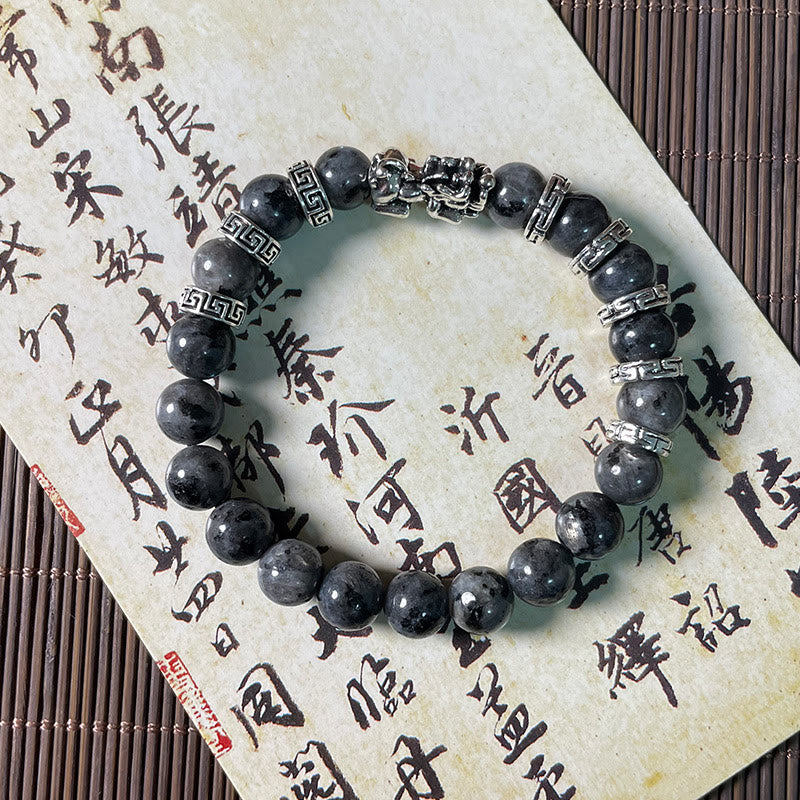 Black Glitter PiXiu Power Bracelet – Top-down black stone bracelet with silver accents on calligraphy, power