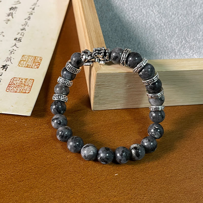Black Glitter PiXiu Power Bracelet – Black beaded bracelet with dragon head on leather and calligraphy, feng shui