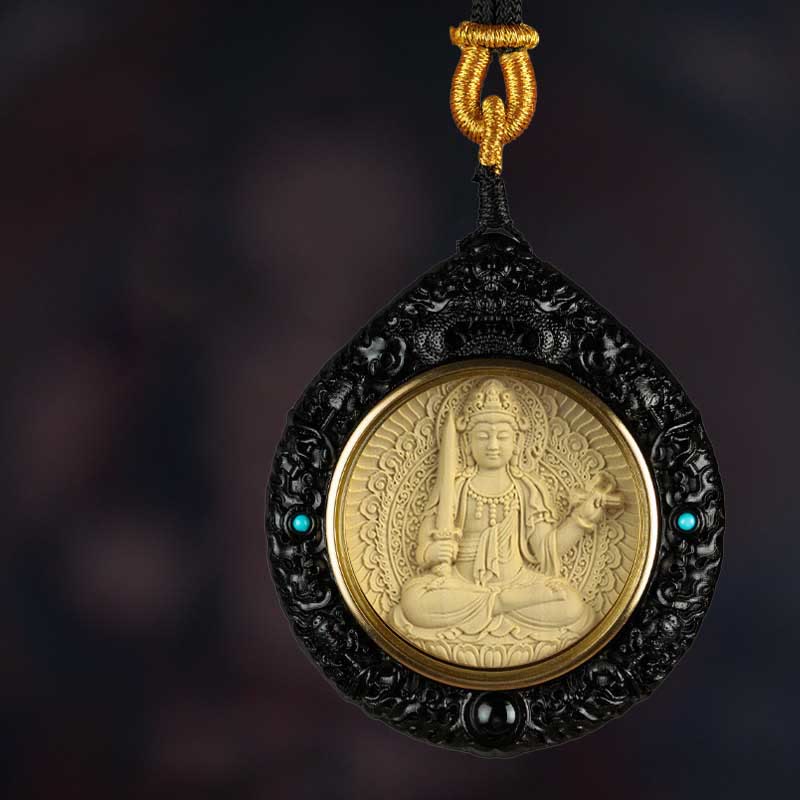 Zodiac Buddha Sandalwood Necklace – natal Buddha carving detail showing deity and animal symbol