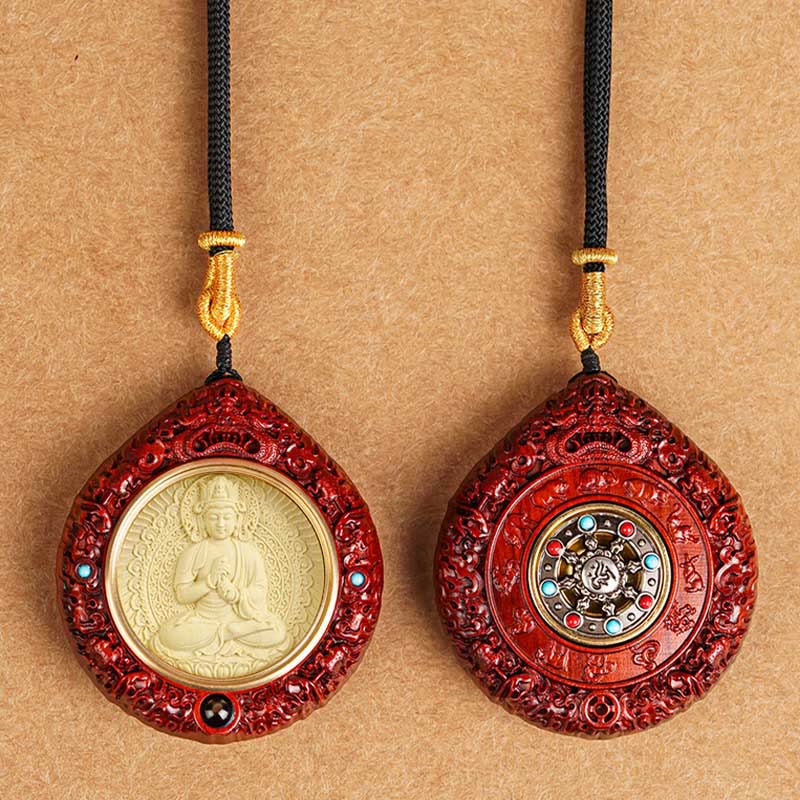 Zodiac Buddha Sandalwood Necklace – longevity blessing symbol on clasp, engraved metal hardware