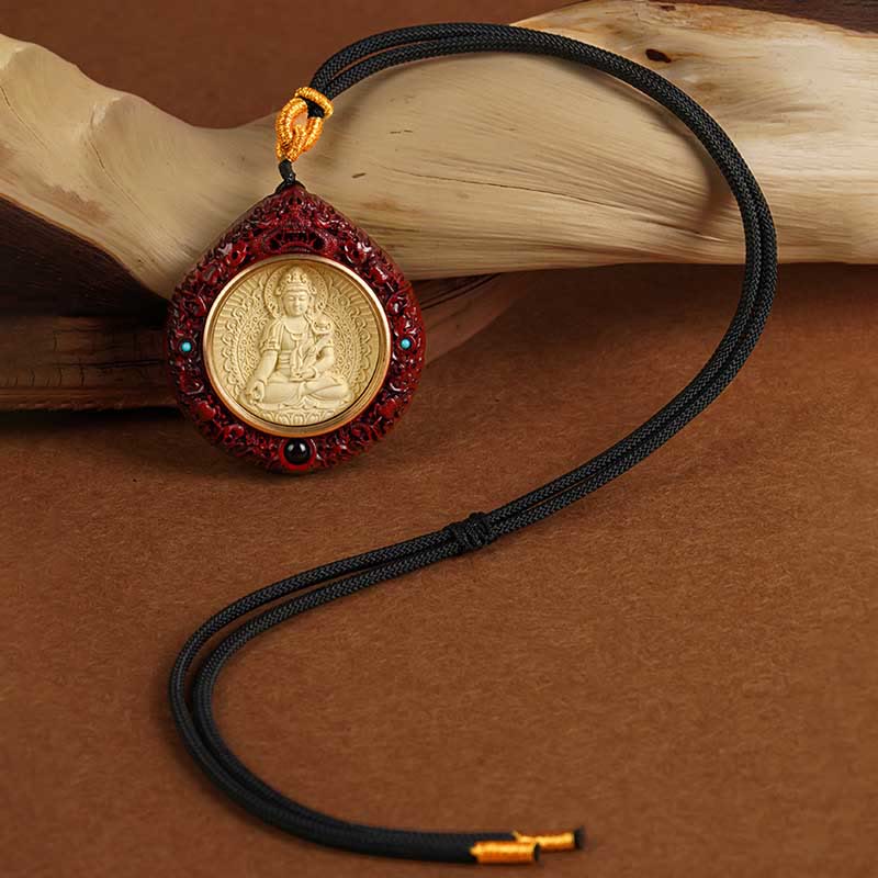 Zodiac Buddha Sandalwood Necklace – worn with casual linen shirt, everyday spiritual accessory