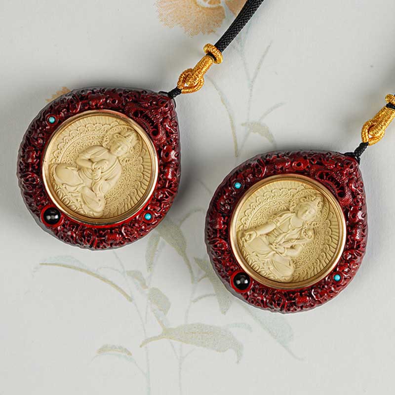 Zodiac Buddha Sandalwood Necklace – tassel detail at necklace end, silk fringe movement capture