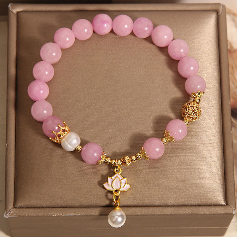 Pink Quartzite Pearl Lotus Bracelet - overhead view in gift box with crown and pearl accents, Gift-Ready