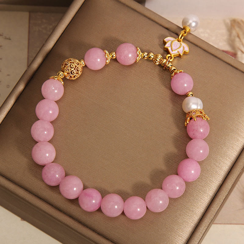 Pink Quartzite Pearl Lotus Bracelet - diagonal on satin box with lotus dangle and crown cap, Delicate