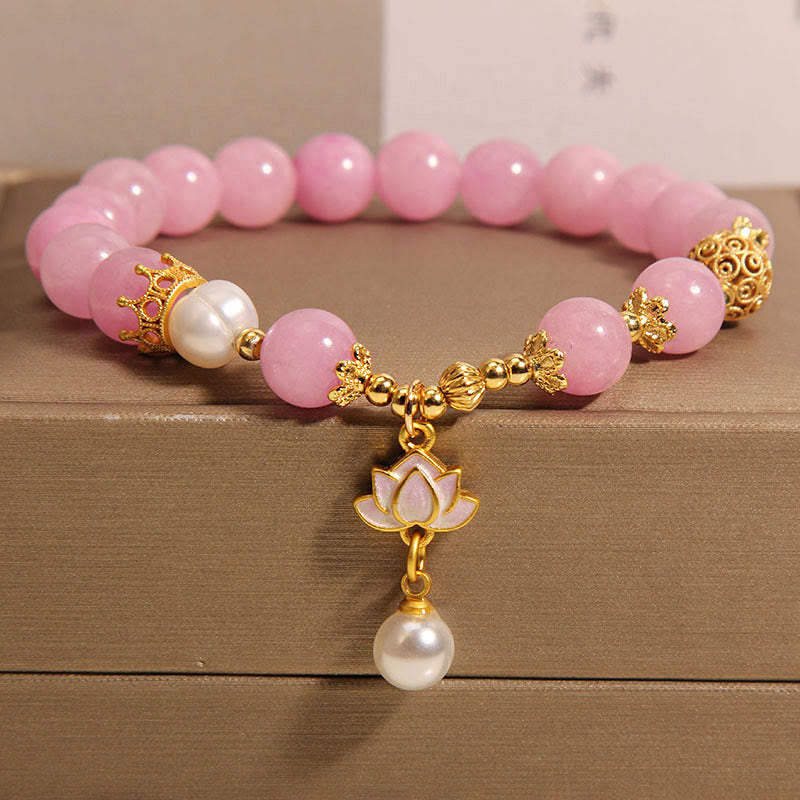 Pink Quartzite Pearl Lotus Bracelet - pink beads with gold lotus charm and pearl drop on box, Elegant