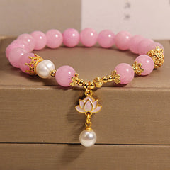 Pink Quartzite Pearl Lotus Bracelet - pink beads with gold lotus charm and pearl drop on box, Elegant